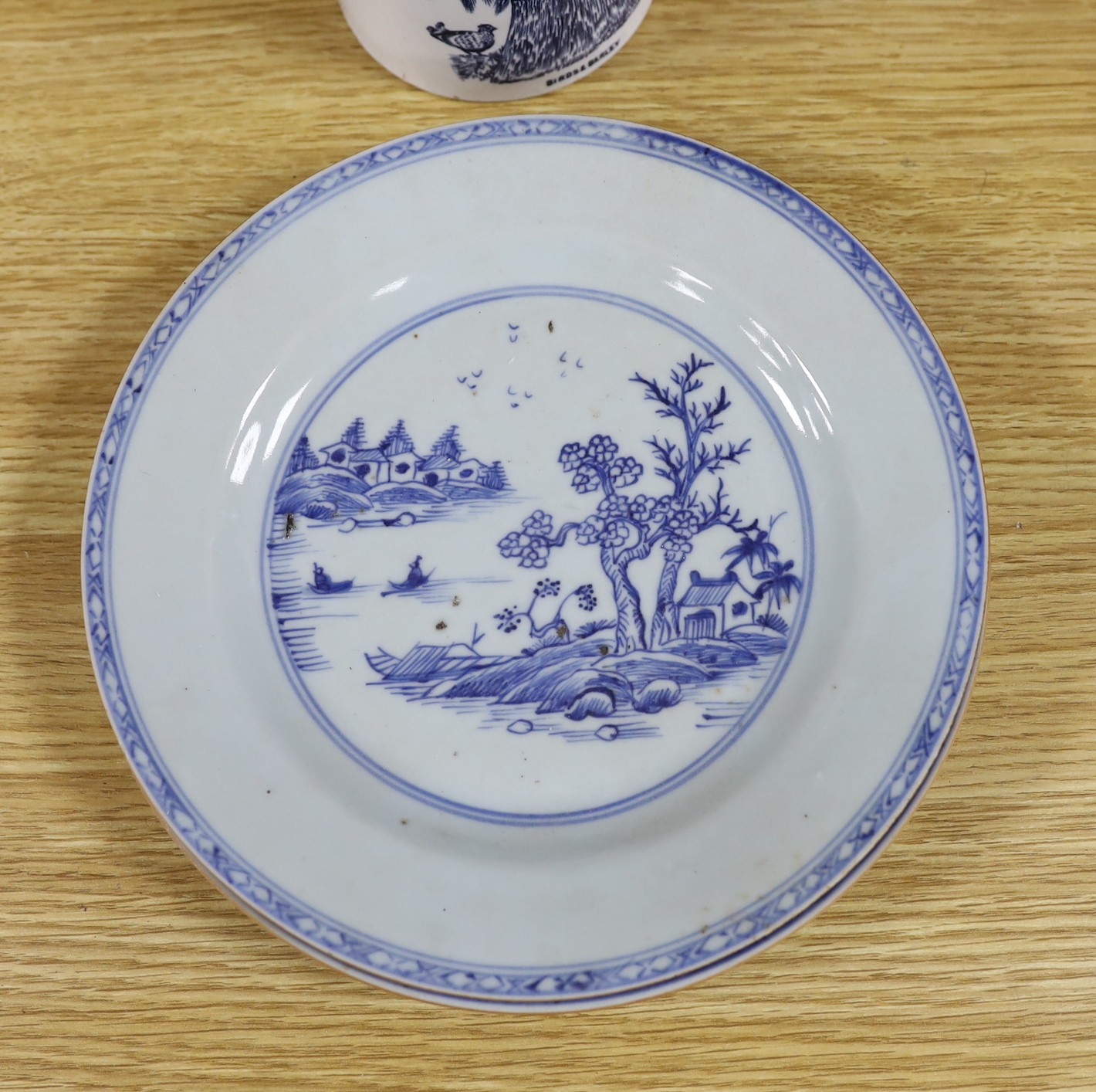 A pair of German 17th century faience pewter mounted steins, together with a selection of blue and white ceramics, tallest 26cm
